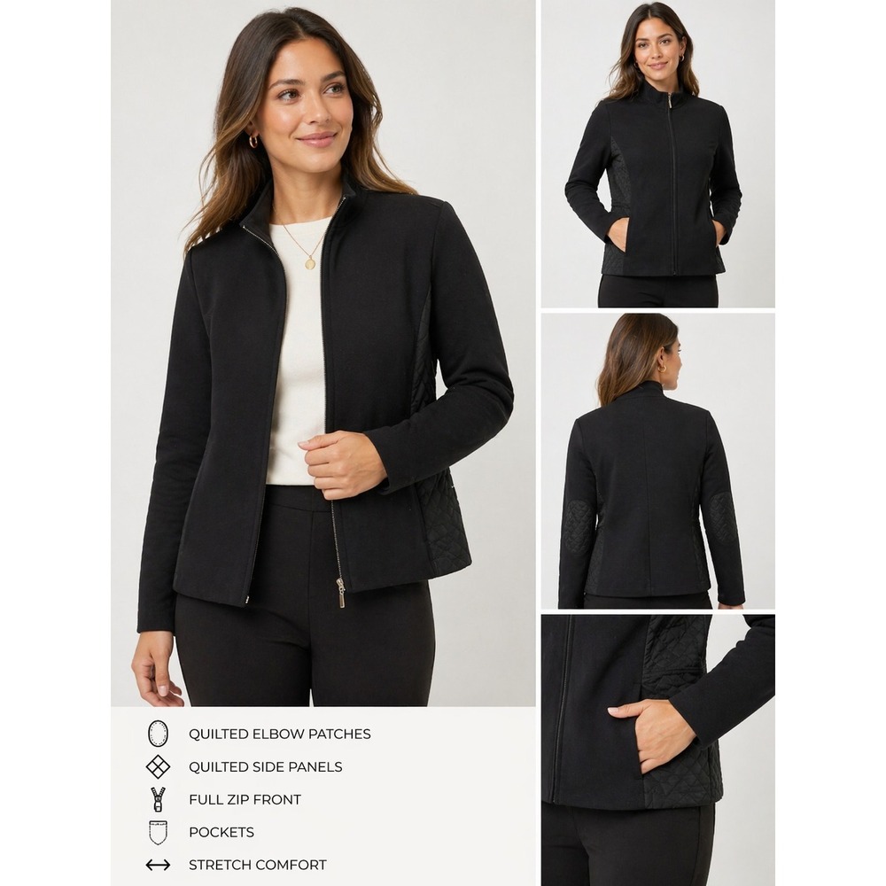 Talbots Petite Small Black Jacket Quilted Elbow Patches Zip Front Stretch Career
